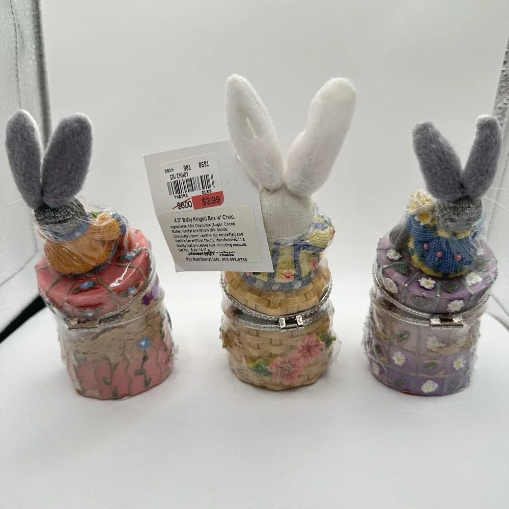 VTG NOS Set Of 3 Easter‎ Bunny Rabbit Hinged Boxes With Candy Decor 5